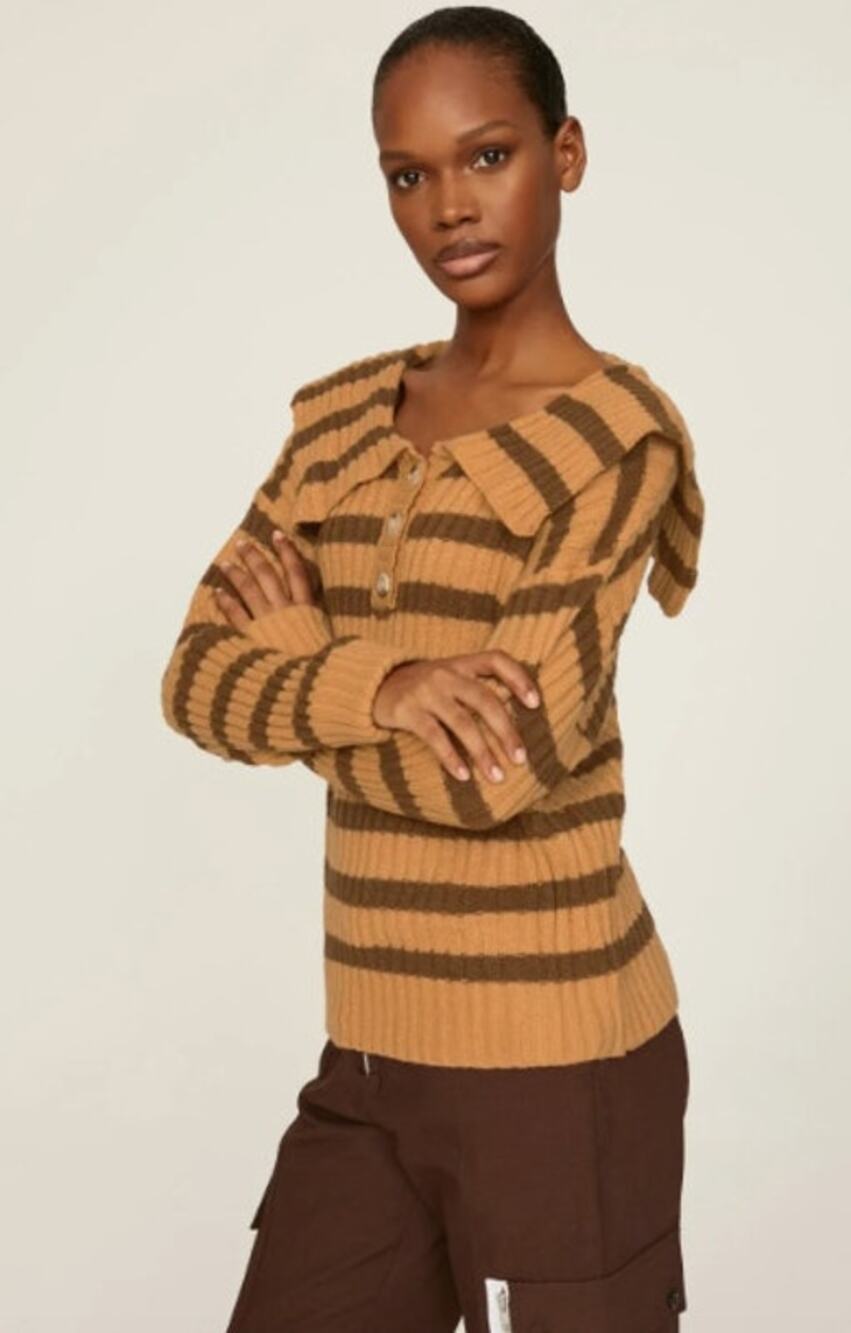 Line & Dot Brown Amber Striped Long Sleeve Pullover Sweater Size L